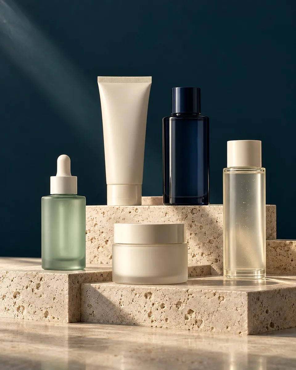 Korean skincare products — a dropper serum, tube, jar and toner bottle — arranged on travertine stone